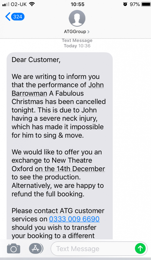 John Barrowman Bristol Hippodrome Cancellation