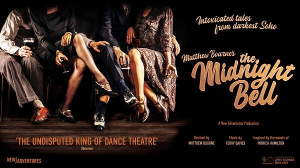 Matthew Bourne's The Midnight Bell. Image features the bottom half of dancers with their legs, sat on a bench and with the show's logo next to them.