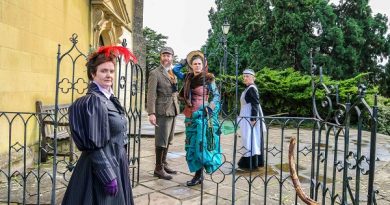Show of Strength The Mansion Through Time. Photo of five actors in period costume in the grounds of Ashton Court mansion Bristol