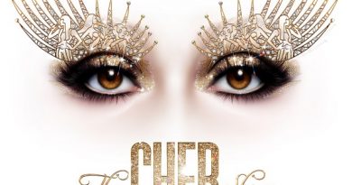 The Cher Show Bristol Hippodrome artwork. Features singers heavily made up eyes on a white background with gold graphic design and typography