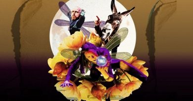 A yellow flower is at the centre of the image with a fairy wearing a purple suit in the centre on top the flower. Over the fairy's right shoulder is the head of donkey and to the left another fairy. A large white circle at the back frames the image