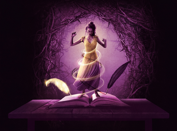 An illustrated graphic image of a character wearing a dress magically manifesting out of a large hardback book open upon a tabole. There are two quills writing on the pages. In the background is an arch way of trees. The image is different purple hues apart from the dress which blends from purple into yellow and wrapped with circles of stars