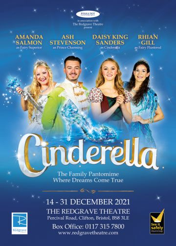 Cinderella Redgrave Theatre Bristol. The image has a blue background with the words Cinderella in Gold writing just slightly down from the centre. There are four actors who are featured dressed in pantomime costume