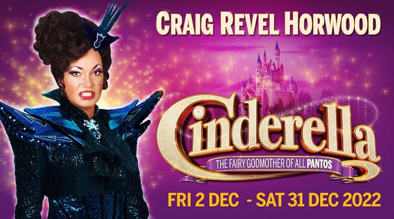 An advertising image featuring actor Craig Revel Horwood on the left hand side. He is dressed very sharply in the role of a wicked pantomime dame. On the top right of the image is the name Craig Revel Horwood in yellow gold letters. Below is the wrod Cinderella in a fancy font. The background of the image is a purple pink with gold haze