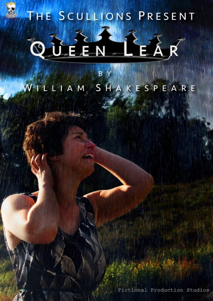 Theatre flyer. White text says Queen Lear at the top with a black crown behind it. White text below saysin by William Shakespeare. There is a woman in a black and white print summer dress looking in despair at the sky with her hands onher head. The sky behind hind is story with heavy rain and dark blue and purple tinged clouds. The shapes of trees can be made out in the background
