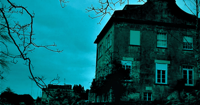 White Heart Inn The Alma Tavern Theatre Bristol. Image features a sinister looking old building situated on a hill. Tree branches fill the top of the photo in the foreground top. The image has a light blue filter