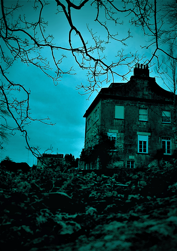 White Heart Inn The Alma Tavern Theatre Bristol. Image features a sinister looking old building situated on a hill. Tree branches fill the top of the photo in the foreground top. The image has a light blue filter