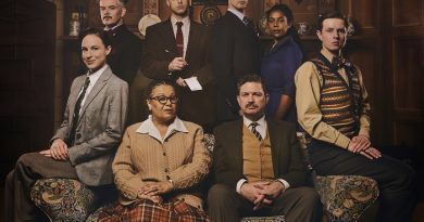 The Mousetrap 2021 London cast. Image features a group of actors grouped together in period dress, in a stately home all looking a bit shifty - The Mousetrap Bristol Hippodrome Date Booking Now