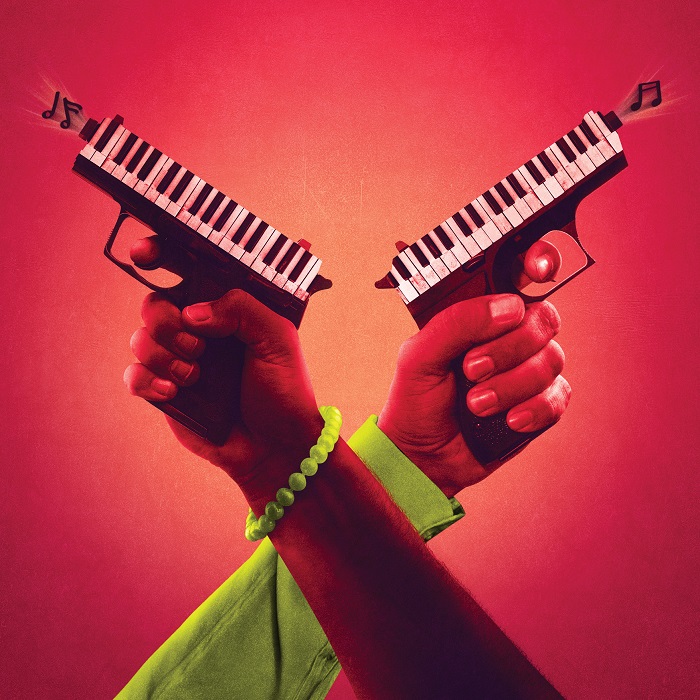 murder for two Barn theatre cirencester. Graphic shows the arms of two people crossed at the wrist and pointing guns shaped like a piano