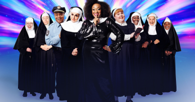 Sister Act Bristol Hippodrome. The photo shows the cast in a v formation with a disco background. All the cast are posed in the manner of their character in the show/movie
