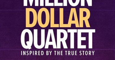 Logo for the show. Background is purple with the words Million and Quartet in white and Dollar in yellow
