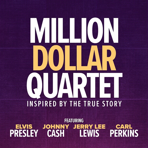 Logo for the show. Background is purple with the words Million and Quartet in white and Dollar in yellow